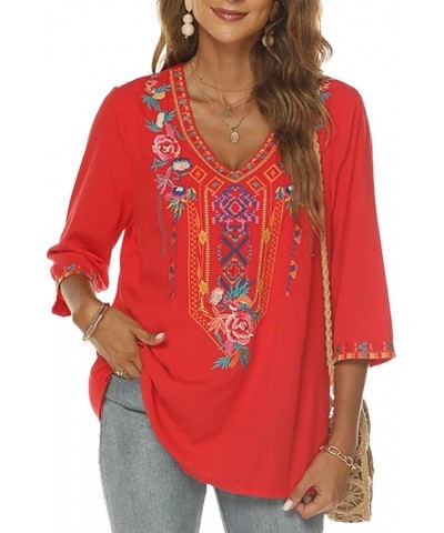 Women's Mexican Embroidered Tops Bohemian Style Peasant 3/4 Sleeve Shirts Boho Tunic Blouses Hippie Clothes Red $28.07 Tops