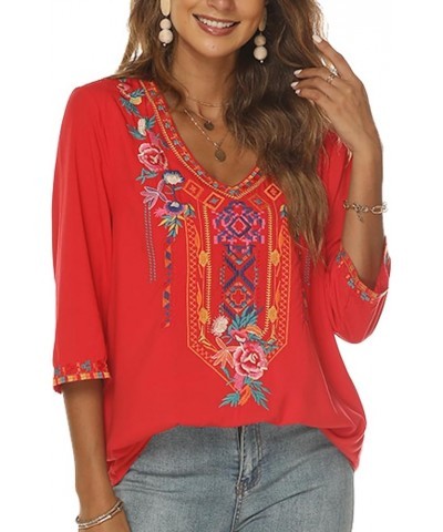 Women's Mexican Embroidered Tops Bohemian Style Peasant 3/4 Sleeve Shirts Boho Tunic Blouses Hippie Clothes Red $28.07 Tops