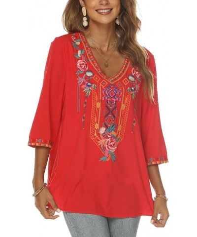 Women's Mexican Embroidered Tops Bohemian Style Peasant 3/4 Sleeve Shirts Boho Tunic Blouses Hippie Clothes Red $28.07 Tops