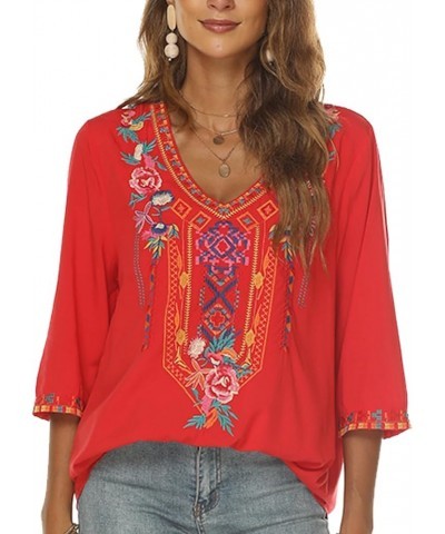 Women's Mexican Embroidered Tops Bohemian Style Peasant 3/4 Sleeve Shirts Boho Tunic Blouses Hippie Clothes Red $28.07 Tops