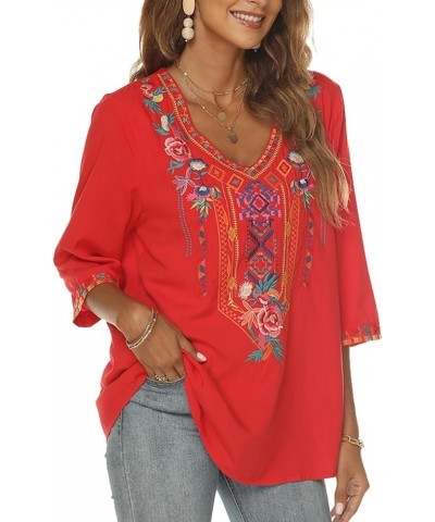 Women's Mexican Embroidered Tops Bohemian Style Peasant 3/4 Sleeve Shirts Boho Tunic Blouses Hippie Clothes Red $28.07 Tops