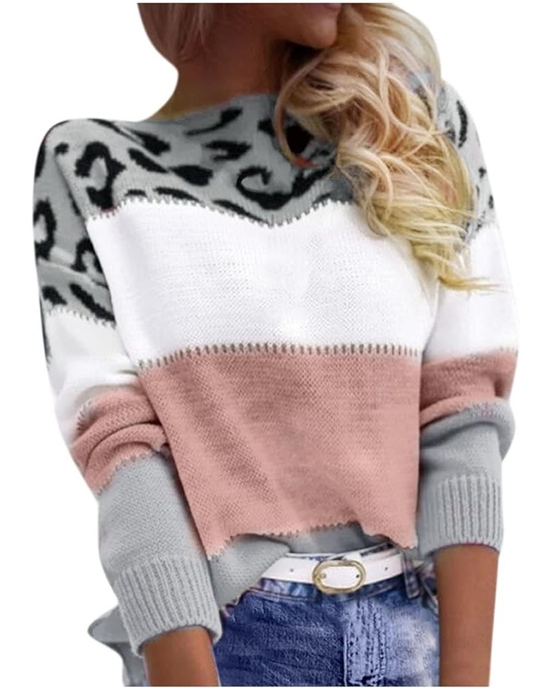 Womens Autumn Color Block Sweaters Crew Neck Long Sleeve Leopard Print Pullover Knit Jumper Tops Pink $12.42 Activewear