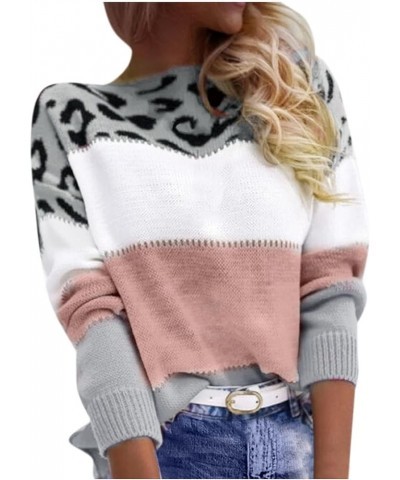 Womens Autumn Color Block Sweaters Crew Neck Long Sleeve Leopard Print Pullover Knit Jumper Tops Pink $12.42 Activewear