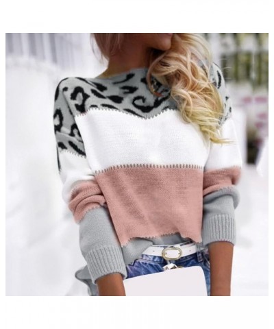 Womens Autumn Color Block Sweaters Crew Neck Long Sleeve Leopard Print Pullover Knit Jumper Tops Pink $12.42 Activewear