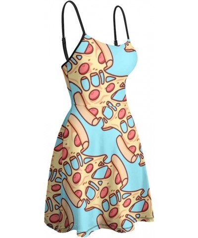 Women's Summer Dresses Strap Backless Sleeveless Spaghetti Strap Swing Dress Funny Pizza Sky Blue $12.71 Dresses