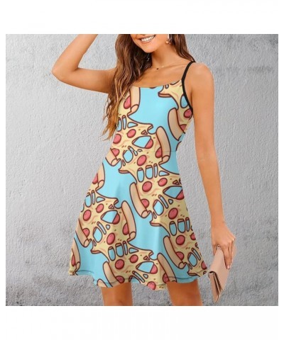 Women's Summer Dresses Strap Backless Sleeveless Spaghetti Strap Swing Dress Funny Pizza Sky Blue $12.71 Dresses