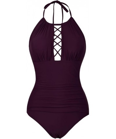 Women's One Piece Swimsuits High Neck Cutout Ruched Tummy Control Swimwear Deep Merlot $22.22 Swimsuits