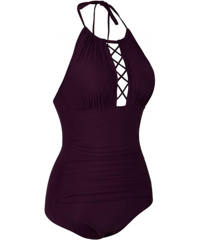 Women's One Piece Swimsuits High Neck Cutout Ruched Tummy Control Swimwear Deep Merlot $22.22 Swimsuits