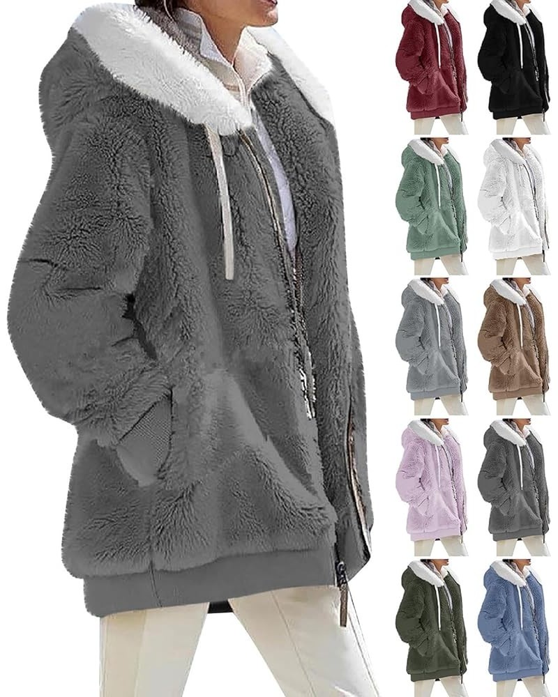 Womens Winter Fuzzy Fleece Jacket Hooded Full Zip Wool Padded Coat Sherpa Hoodie Lined Jacket Outerwear with Pockets Army Gre...