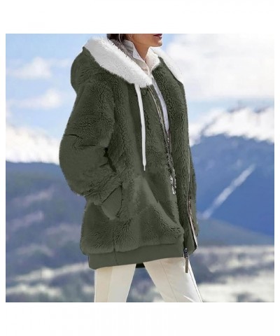 Womens Winter Fuzzy Fleece Jacket Hooded Full Zip Wool Padded Coat Sherpa Hoodie Lined Jacket Outerwear with Pockets Army Gre...