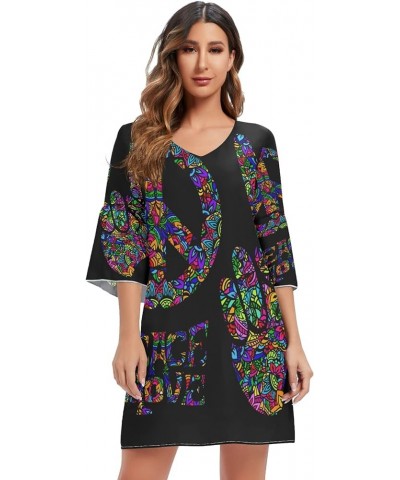 Monstera Leaves Stylish Women's Casual Chiffon Mini Dress 3/4 Sleeve V Neck Multicolored 3 $14.15 Dresses