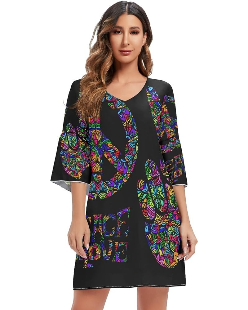 Monstera Leaves Stylish Women's Casual Chiffon Mini Dress 3/4 Sleeve V Neck Multicolored 3 $14.15 Dresses