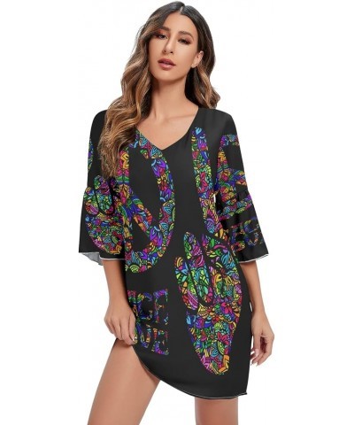 Monstera Leaves Stylish Women's Casual Chiffon Mini Dress 3/4 Sleeve V Neck Multicolored 3 $14.15 Dresses