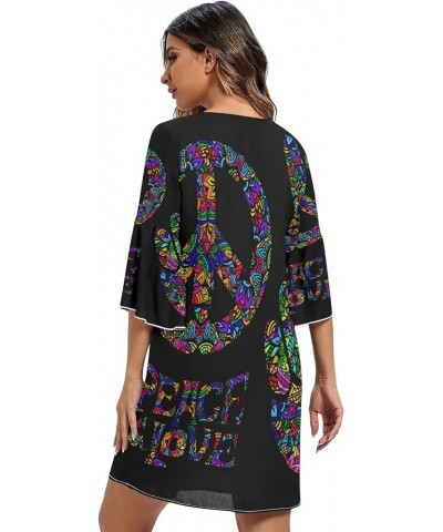 Monstera Leaves Stylish Women's Casual Chiffon Mini Dress 3/4 Sleeve V Neck Multicolored 3 $14.15 Dresses