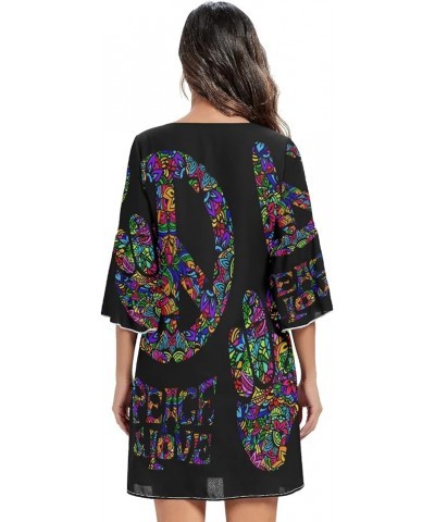 Monstera Leaves Stylish Women's Casual Chiffon Mini Dress 3/4 Sleeve V Neck Multicolored 3 $14.15 Dresses