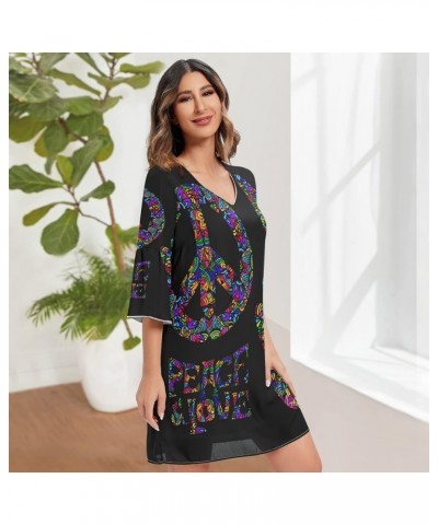 Monstera Leaves Stylish Women's Casual Chiffon Mini Dress 3/4 Sleeve V Neck Multicolored 3 $14.15 Dresses