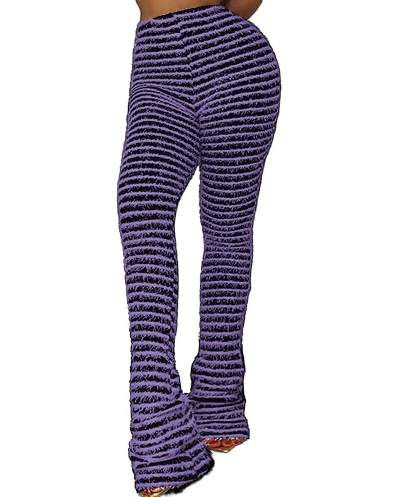 Women's Striped Knitted Stacked Leggings Pants Hip Lifting Casual Streetwear Trousers Y2K Fluffy Jogger Sweatpants Bit Purple...