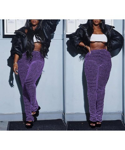 Women's Striped Knitted Stacked Leggings Pants Hip Lifting Casual Streetwear Trousers Y2K Fluffy Jogger Sweatpants Bit Purple...