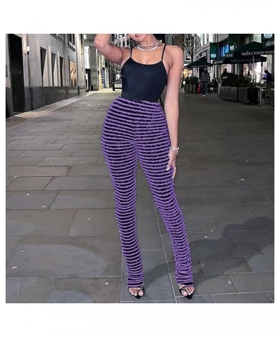 Women's Striped Knitted Stacked Leggings Pants Hip Lifting Casual Streetwear Trousers Y2K Fluffy Jogger Sweatpants Bit Purple...