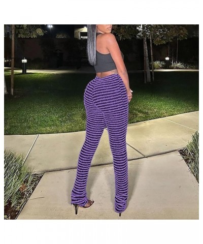 Women's Striped Knitted Stacked Leggings Pants Hip Lifting Casual Streetwear Trousers Y2K Fluffy Jogger Sweatpants Bit Purple...