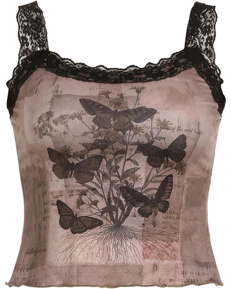 Women's Gothic Lace Tank Top Sexy Goth Emo Crop Shirt Grunge Outfit Tops Cami Brown-2 $11.69 Tops