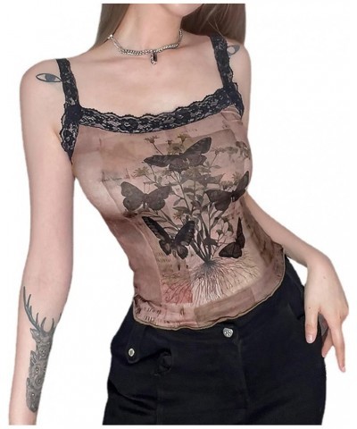 Women's Gothic Lace Tank Top Sexy Goth Emo Crop Shirt Grunge Outfit Tops Cami Brown-2 $11.69 Tops