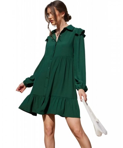 Women's Solid Long Sleeve Ruffle Trim Short Dress Casual Loose Mini Summer Dress Dark Green S $10.44 Dresses