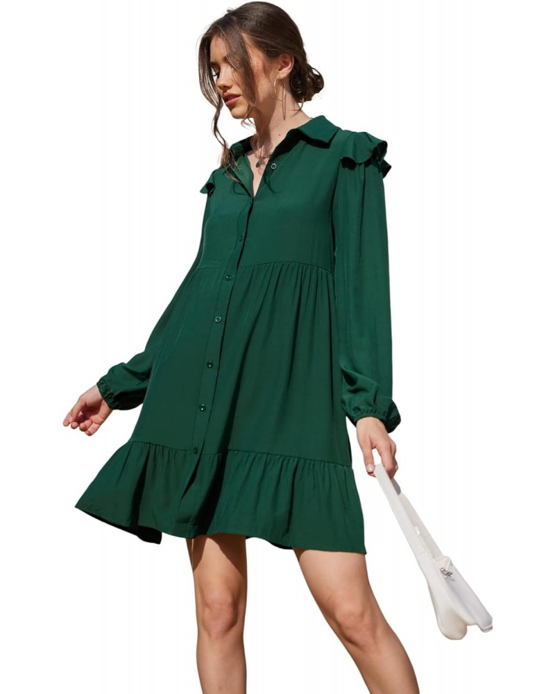 Women's Solid Long Sleeve Ruffle Trim Short Dress Casual Loose Mini Summer Dress Dark Green S $10.44 Dresses