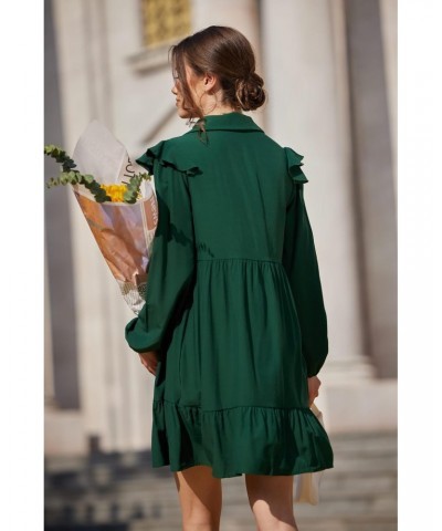 Women's Solid Long Sleeve Ruffle Trim Short Dress Casual Loose Mini Summer Dress Dark Green S $10.44 Dresses