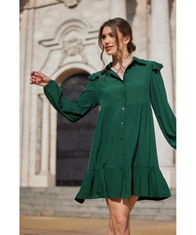 Women's Solid Long Sleeve Ruffle Trim Short Dress Casual Loose Mini Summer Dress Dark Green S $10.44 Dresses