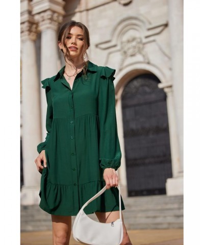 Women's Solid Long Sleeve Ruffle Trim Short Dress Casual Loose Mini Summer Dress Dark Green S $10.44 Dresses