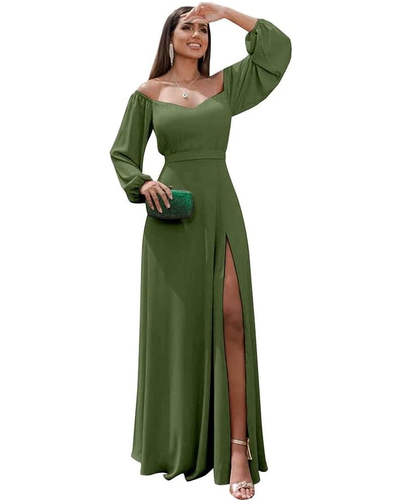 Long Sleeve Bridesmaid Dresses with Slit Off Shoulder Chiffon Formal Evening Party Gowns Olive Green $31.50 Dresses