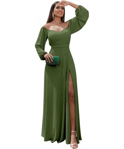 Long Sleeve Bridesmaid Dresses with Slit Off Shoulder Chiffon Formal Evening Party Gowns Olive Green $31.50 Dresses