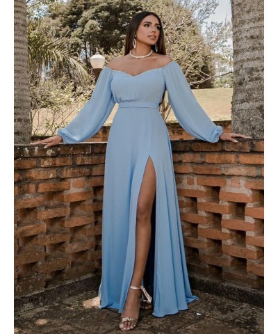 Long Sleeve Bridesmaid Dresses with Slit Off Shoulder Chiffon Formal Evening Party Gowns Olive Green $31.50 Dresses