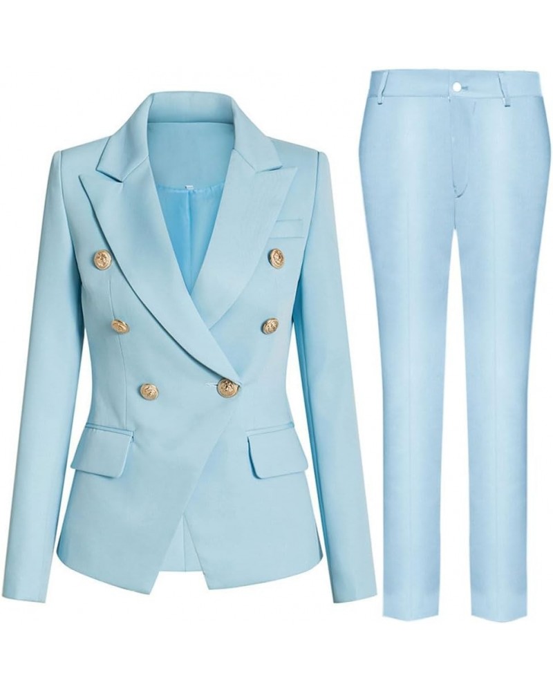 2 PC Double Breasted Office Lady Suit Notch Lapel Womens Suit for Work Professional Business Suit Light Blue $35.19 Suits