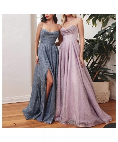 Glitter Tulle Prom Dresses Spaghetti Straps Wedding Bridesmaid Dresses Corset Top Bodycon Long Formal Dresses with Slit A-hot...