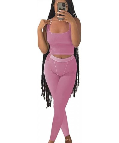 Casual Workout Sets Two Piece Outfits for Women Ribbed Crop Tank Top High Waist Yoga Leggings Active Wear Deep Pink $10.00 Ac...