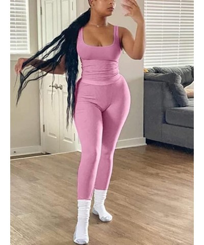 Casual Workout Sets Two Piece Outfits for Women Ribbed Crop Tank Top High Waist Yoga Leggings Active Wear Deep Pink $10.00 Ac...