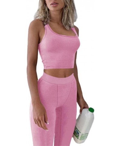 Casual Workout Sets Two Piece Outfits for Women Ribbed Crop Tank Top High Waist Yoga Leggings Active Wear Deep Pink $10.00 Ac...