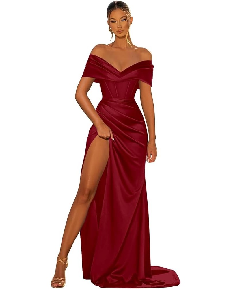 Women's Corset Satin Prom Dresses Off The Shoulder Split Mermaid Ruched Evening Formal Gowns Burgundy $29.40 Dresses