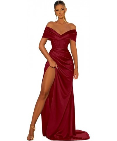 Women's Corset Satin Prom Dresses Off The Shoulder Split Mermaid Ruched Evening Formal Gowns Burgundy $29.40 Dresses