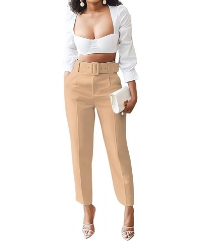 Women's High Waist Straight Trousers with Waistband Pockets Ankle Long Pants Khaki $23.39 Pants