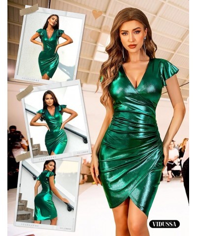 Women's Sexy V Neck Sparkly Glitter Dress Ruffle Sleeve Wrap Ruched Bodycon Casual Cocktail Party Dresses Green $24.95 Dresses