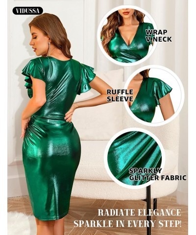 Women's Sexy V Neck Sparkly Glitter Dress Ruffle Sleeve Wrap Ruched Bodycon Casual Cocktail Party Dresses Green $24.95 Dresses