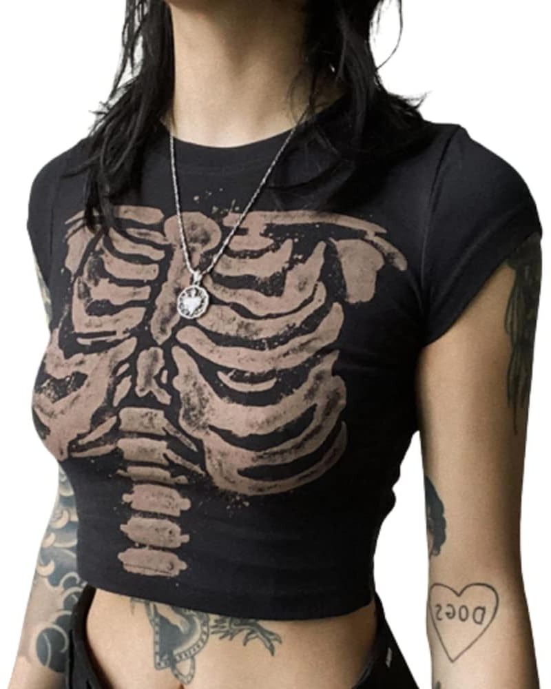 Y2k Tops Graphic Crop Tops Summer Tops Sexy Tops for Women Print Baby Tees Grunge T-Shirt for Women 2023 Black Skeleton $12.4...