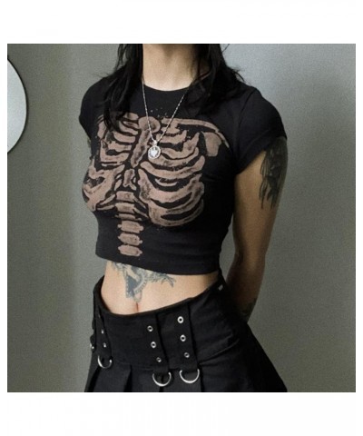 Y2k Tops Graphic Crop Tops Summer Tops Sexy Tops for Women Print Baby Tees Grunge T-Shirt for Women 2023 Black Skeleton $12.4...