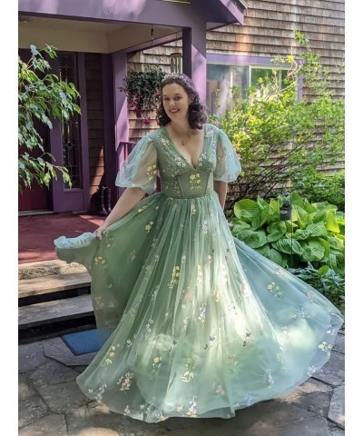 Women's Puff Sleeve Prom Dress Long Flower Embroidery Floral Tulle Formal Evening Party Gowns Champagne-long $38.87 Dresses