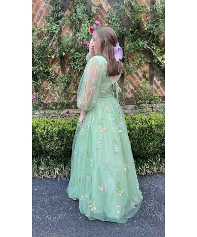 Women's Puff Sleeve Prom Dress Long Flower Embroidery Floral Tulle Formal Evening Party Gowns Champagne-long $38.87 Dresses