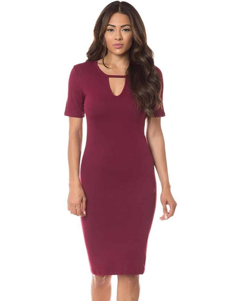 Women's Keyhole Short Sleeve Midi Bodycon Dress Casual Work Dresses Burgundy $14.81 Dresses