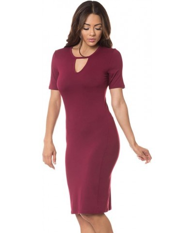 Women's Keyhole Short Sleeve Midi Bodycon Dress Casual Work Dresses Burgundy $14.81 Dresses